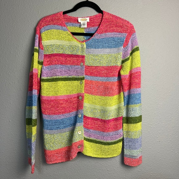 Talbots Striped Knit Cardigan Sweater Colorful Rainbow Lightweight V Neck Medium - Picture 1 of 10